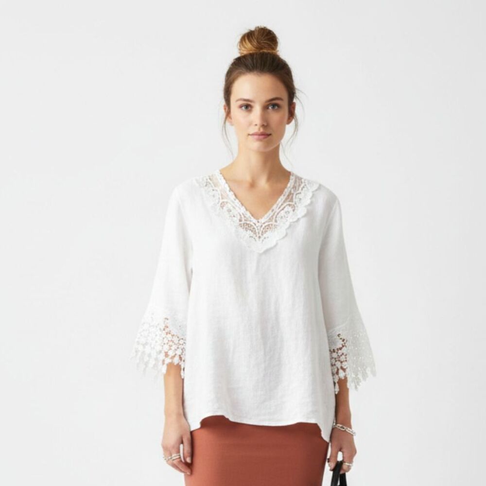 100% Linen White Lace Crochet Half Sleeve Blouse Top From Vanessa Alexandra L